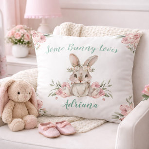 Cute Pink Floral Bunny Baby Girl Nursery Cushion