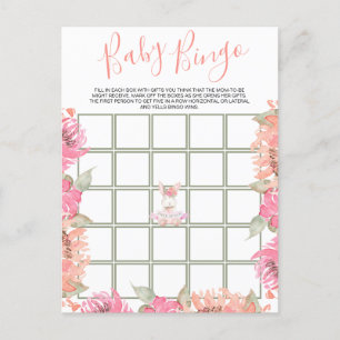 Cute Pink Floral Bunny Bingo Baby Shower Game Card