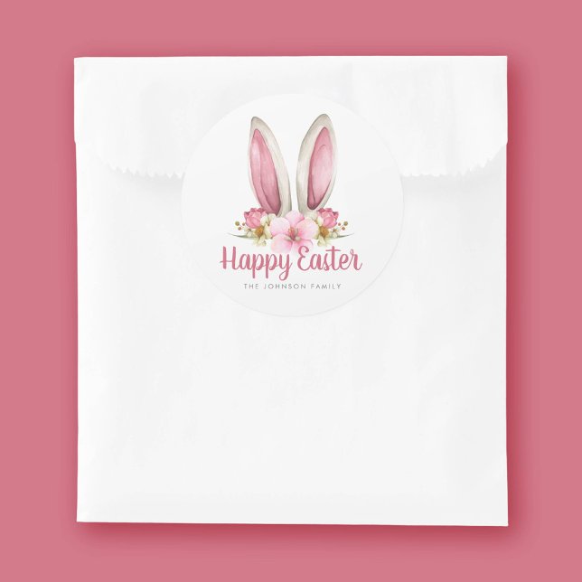 Cute Pink Floral Bunny Ears Happy Easter Classic Round Sticker (Cute Pink Floral Bunny Ears Happy Easter Classic Round Sticker)