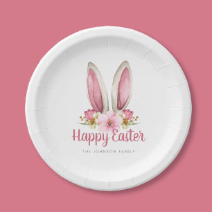 Cute Pink Floral Bunny Ears Happy Easter Paper Plate