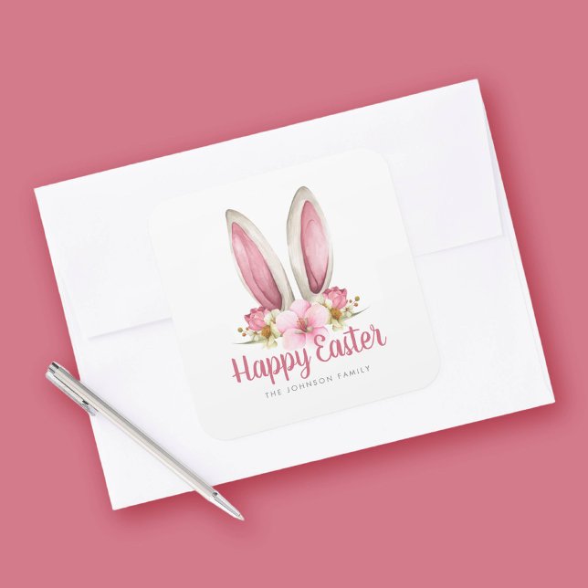 Cute Pink Floral Bunny Ears Happy Easter Square Sticker (Creator Uploaded)