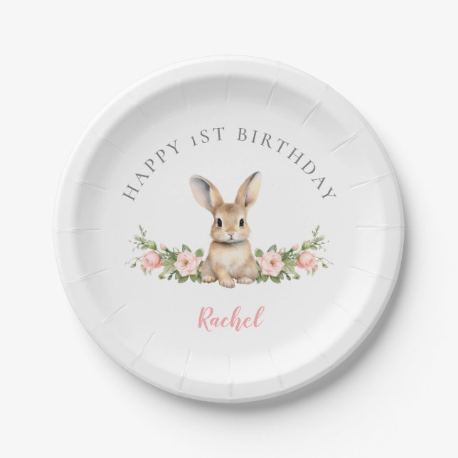 Cute Pink Floral Bunny Girl 1st Birthday  Paper Plate (Front)
