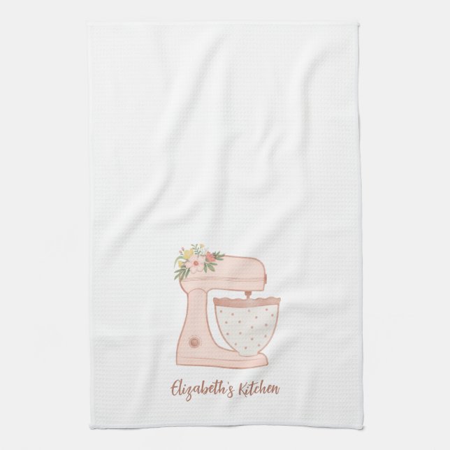 Cute Pink Floral Cake Mixer Bakery Chef  Tea Towel (Vertical)