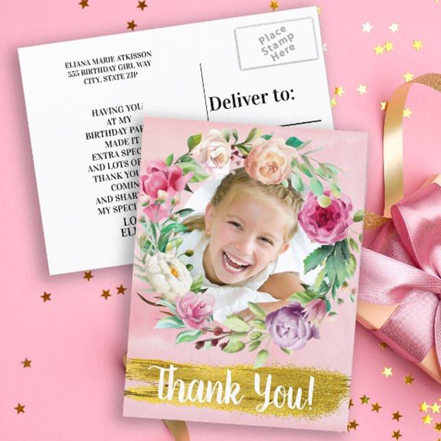 Cute Pink Floral Child's Birthday Photo Thank You Postcard (Pink floral and gold little girl's birthday party custom photo "Thank you" card. )