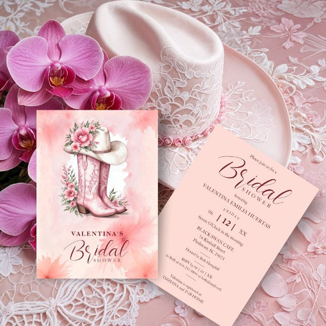 Cute Pink Floral Cowgirl Hat & Boots Bridal Shower Invitation (Cute Pink Floral Cowgirl Hat & Boots Bridal Shower Invitations Cards. )