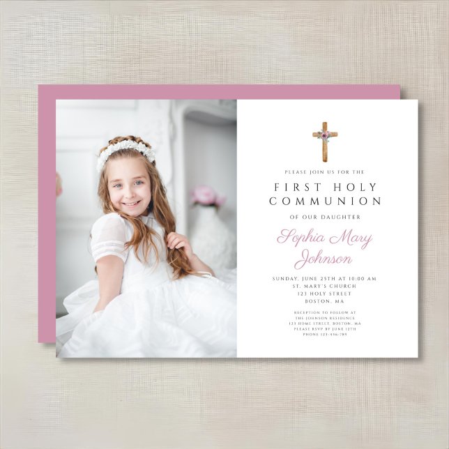 Cute Pink Floral Cross Photo Girl First Communion Invitation (Cute Pink Floral Cross Photo Girl First Communion Invitation)