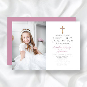 Cute Pink Floral Cross Photo Girl First Communion Invitation