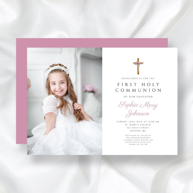 Cute Pink Floral Cross Photo Girl First Communion Invitation (Cute Pink Floral Cross Photo Girl First Communion Invitation)