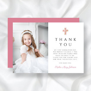 Cute Pink Floral Cross Photo Girl First Communion Thank You Card