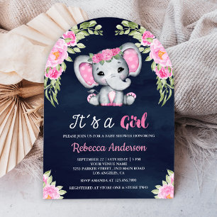 Cute Pink Floral Elephant Arch Navy Baby Shower Invitation