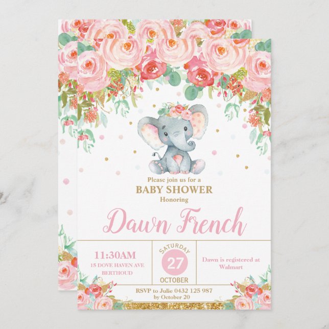 Cute Pink Floral Elephant Baby Shower Baby Girl Invitation (Front/Back)
