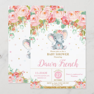 Cute Pink Floral Elephant Baby Shower Baby Girl Invitation
