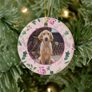 Cute Pink Floral First Christmas Ceramic Ornament