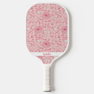 Cute Pink Floral Flowers Custom Name Pickleball Paddle
