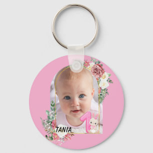 Cute Pink Floral Frame Baby girl First christmas Key Ring