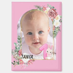 Cute pink Floral Frame Baby girl First christmas Magnet
