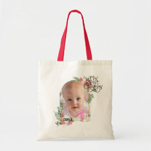 Cute pink Floral Frame Baby girl First christmas Tote Bag