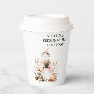 Cute Pink Floral Ghost with Pumpkin Halloween Paper Cups