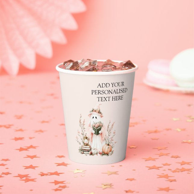 Cute Pink Floral Ghost with Pumpkin Halloween  Paper Cups (Insitu)