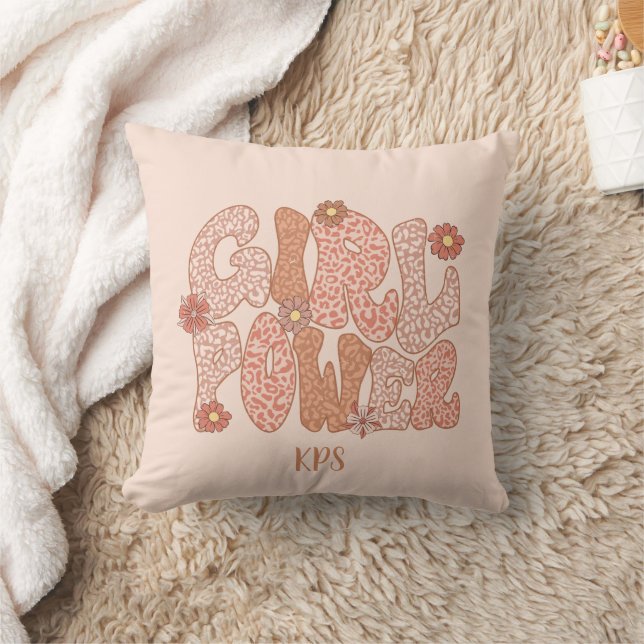 Cute Pink Floral Girl Power Monogram Initial Cushion (Blanket)