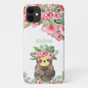 Cute Pink Floral Hawaiian Sloth Animal Name iPhone 11 Case