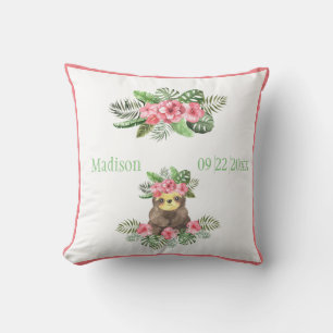 Cute Pink Floral Hawaiian Sloth Animal Name Date Cushion