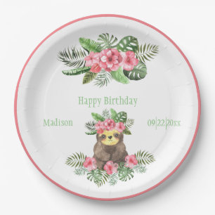 Cute Pink Floral Hawaiian Sloth Animal Name Paper Plate