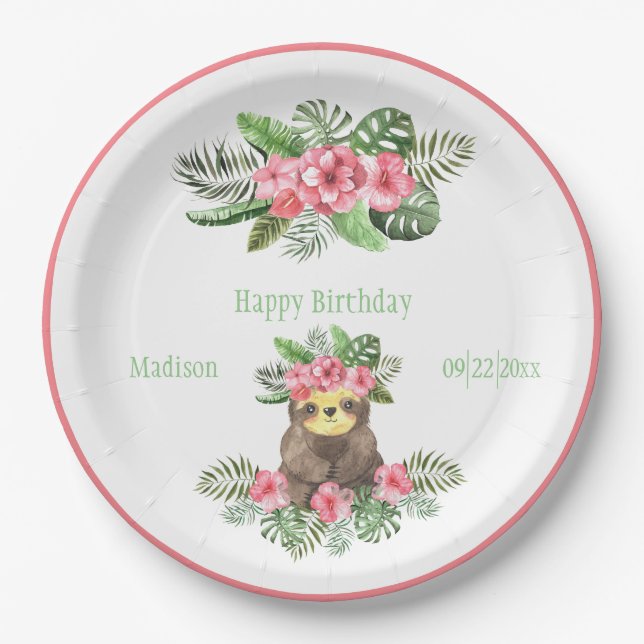 Cute Pink Floral Hawaiian Sloth Animal Name Paper Plate (Front)