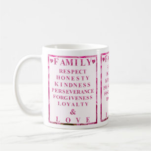 Cute Pink Floral Hearts & Lettering, Family Values Coffee Mug