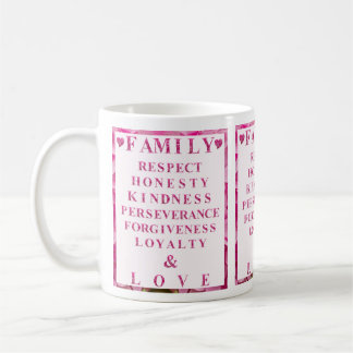 Cute Pink Floral Hearts & Lettering, Family Values Coffee Mug