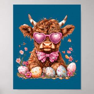 Cute pink floral highland cow coquette bow easter poster