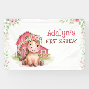 Cute Pink Floral Horse Birthday Banner