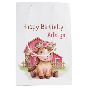 Cute Pink Floral Horse Birthday Medium Gift Bag