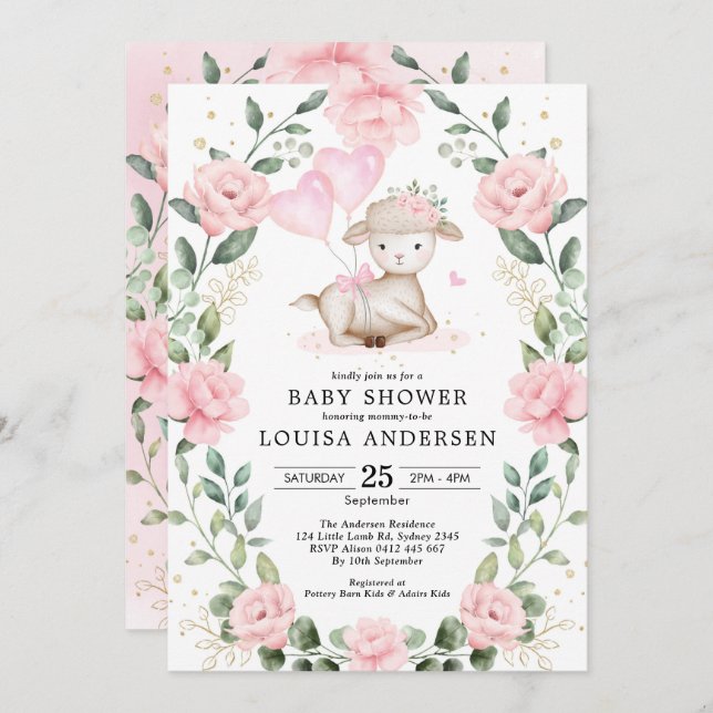Cute Pink Floral Lamb Balloons Girl Baby Shower Invitation (Front/Back)
