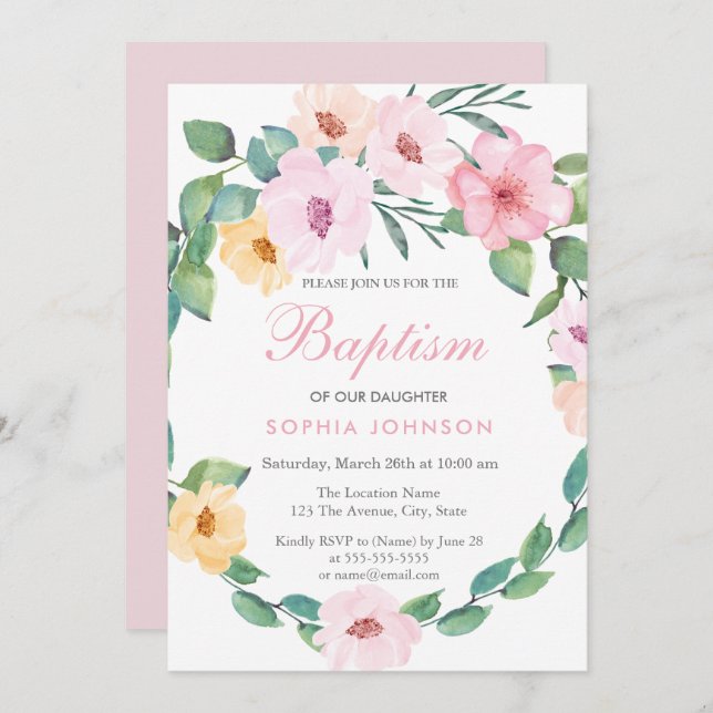 Cute Pink Floral Leaf Wreath Baptism Invite (Front/Back)