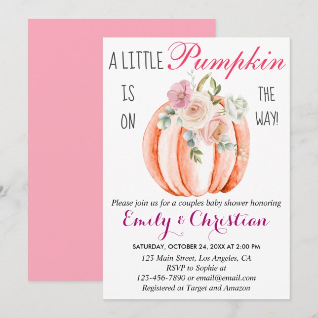 Cute Pink Floral Little Pumpkin Couple Baby Shower Invitation (Front/Back)