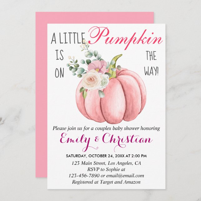 Cute Pink Floral Little Pumpkin Couple Baby Shower Invitation (Front/Back)