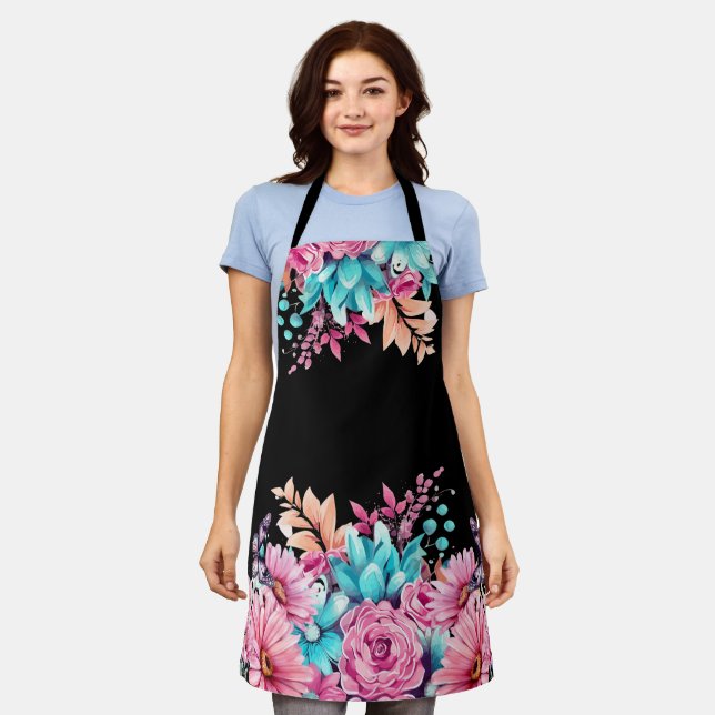 Cute Pink Floral Medium All Over Print Apron (Worn)