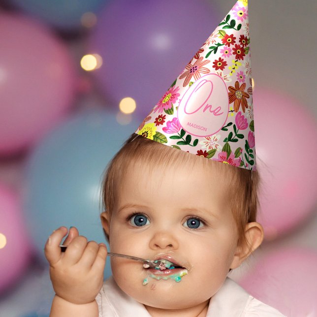 Cute Pink Floral One Year Girl Birthday Party Hat (Cute Pink Floral One Year Girl Birthday Party Hat)