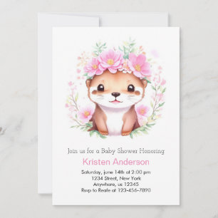 Cute Pink Floral Otter Girl Baby Shower Invitation