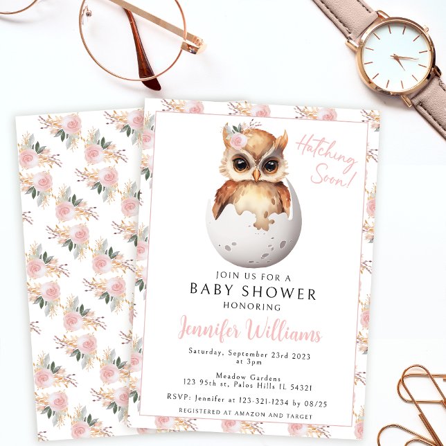 Cute pink floral owl baby girl shower Invitation (Creator Uploaded)