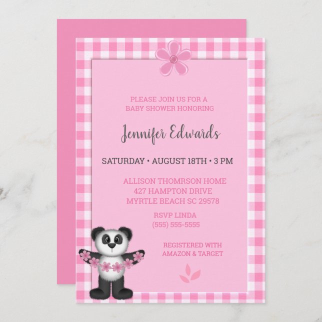  Cute Pink Floral Panda Bear Baby Shower  Invitation (Front/Back)
