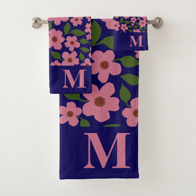 Cute pink floral pattern Monogram  Bath Towel Set (Insitu)