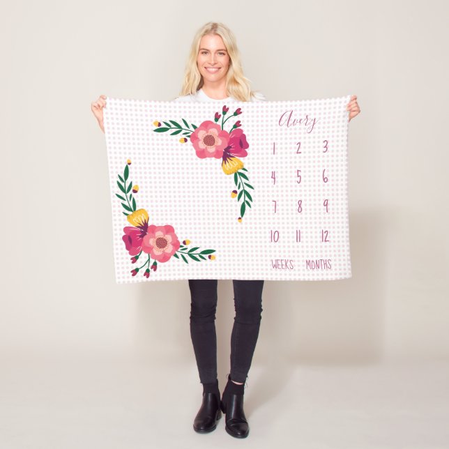 Cute Pink Floral Polka Dot Baby Milestone Fleece Blanket (In Situ)