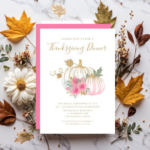 Cute Pink Floral Pumpkin Thanksgiving Dinner Invitation