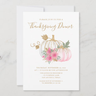 Cute Pink Floral Pumpkin Thanksgiving Dinner Invitation