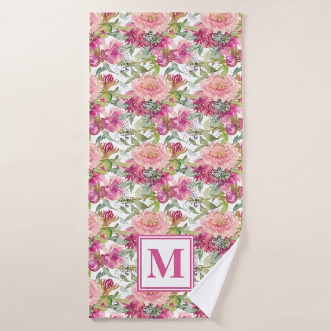 Cute Pink Floral Sage Green Leaves Monogram Bath Towel (Bath Towel)