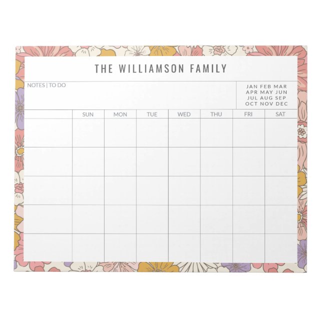 Cute Pink Floral Simple Family Planner Calendar Notepad (Front)