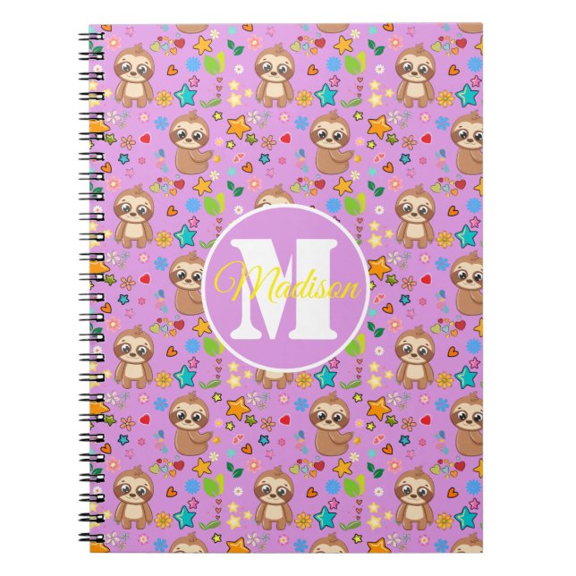 Cute Pink Floral Sloth Pattern Personalised Notebook (Front)