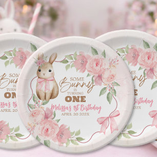 Cute Pink Floral Some Bunny Turning One Birthday  Paper Plate